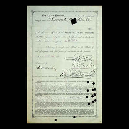 Northern Pacific Railroad Company Stock Certificate – Issued and Signed by Jay Cooke from 1876