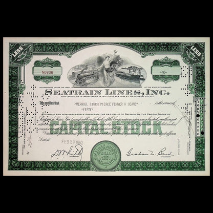 Seatrain Lines Inc Stock Certificate from 1950 - 1960 with Train and Ship