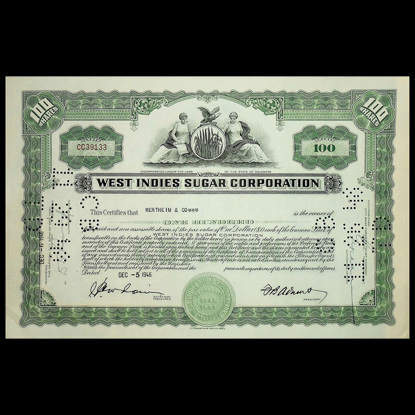 West Indies Sugar Corporation Stock Certificate from 1940s