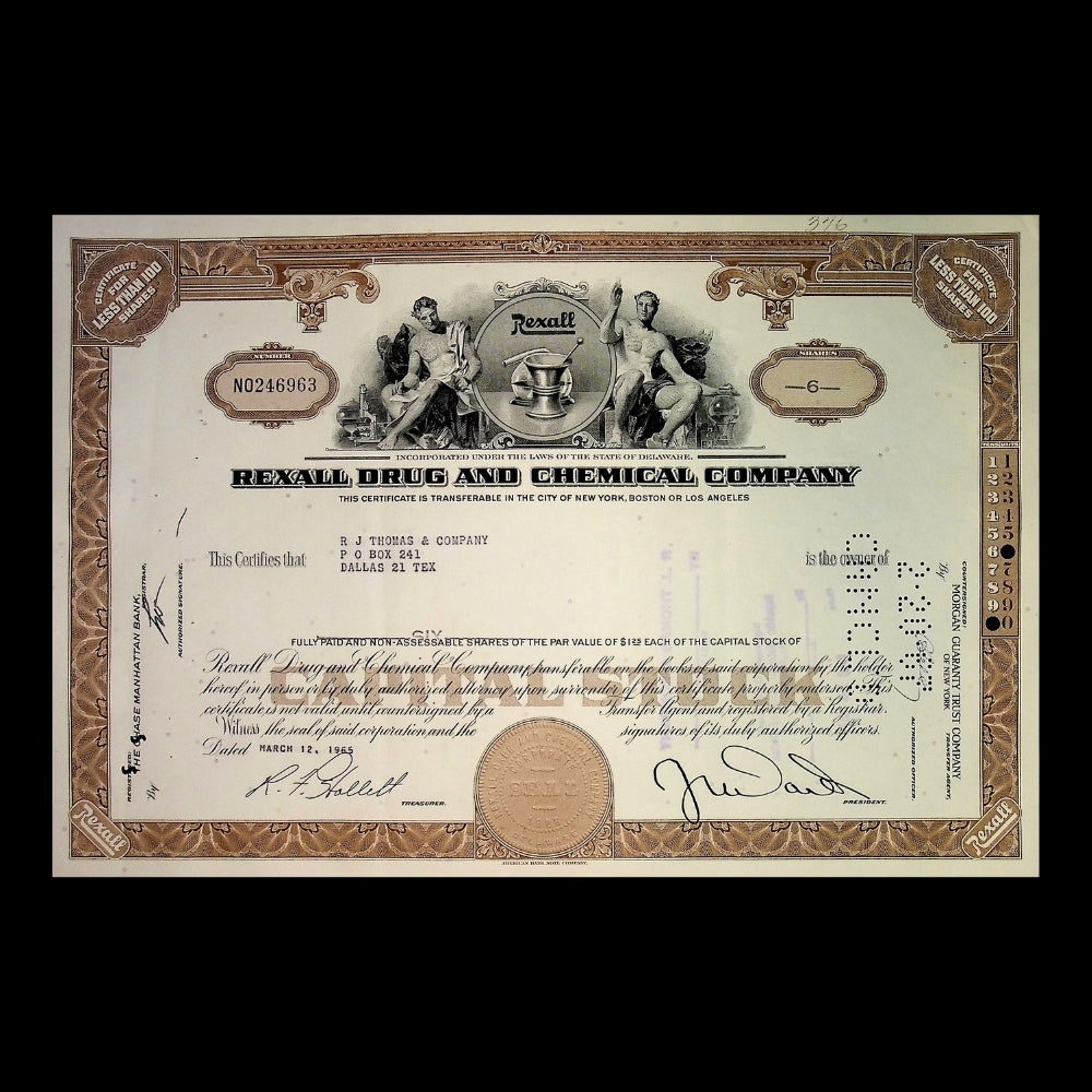 Rexall Drug and Chemical Company Stock Certificate from 1960s