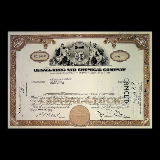 Rexall Drug and Chemical Company Stock Certificate from 1960s