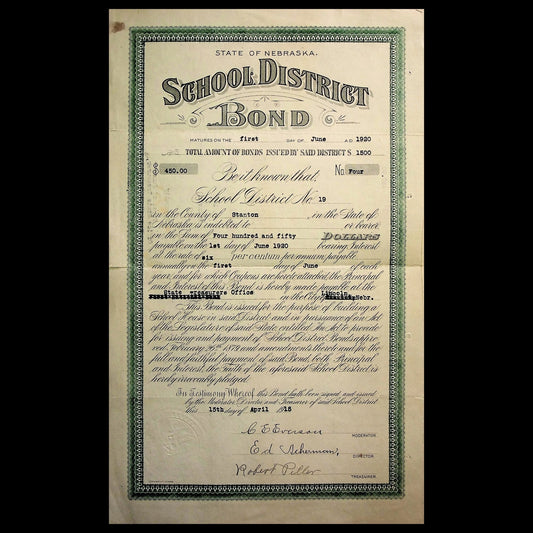State of Nebraska School District Bond Certificate from 1915