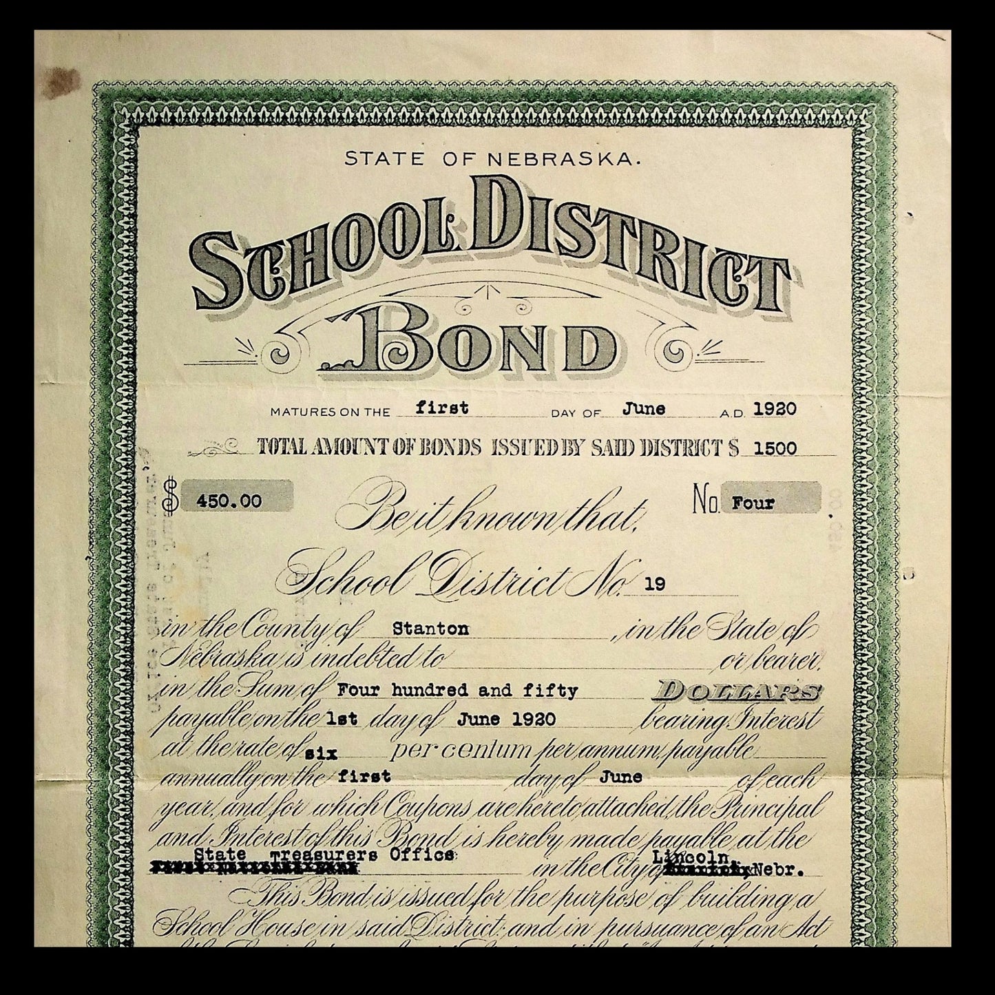 State of Nebraska School District Bond Certificate from 1915