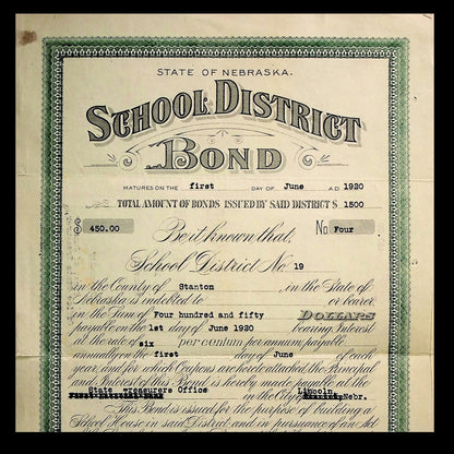 State of Nebraska School District Bond Certificate from 1915