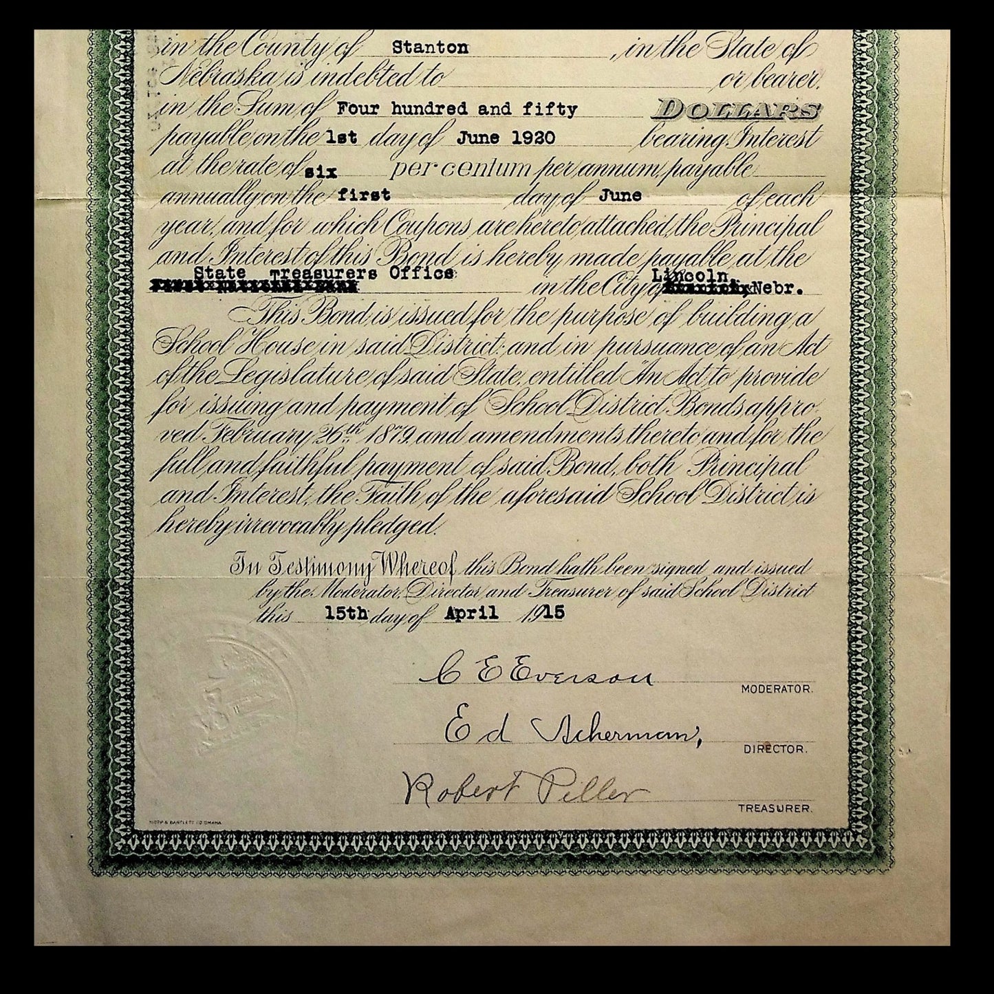 State of Nebraska School District Bond Certificate from 1915