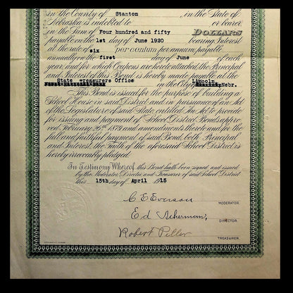 State of Nebraska School District Bond Certificate from 1915