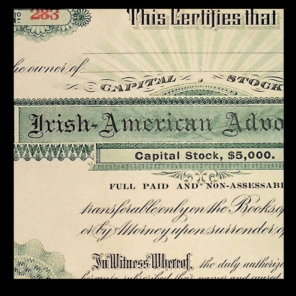 Irish American Advocate Company Unissued Stock Certificate from 1910s