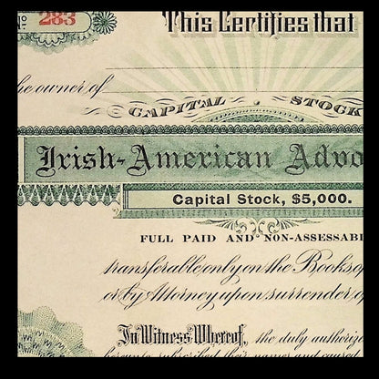 Irish American Advocate Company Unissued Stock Certificate from 1910s