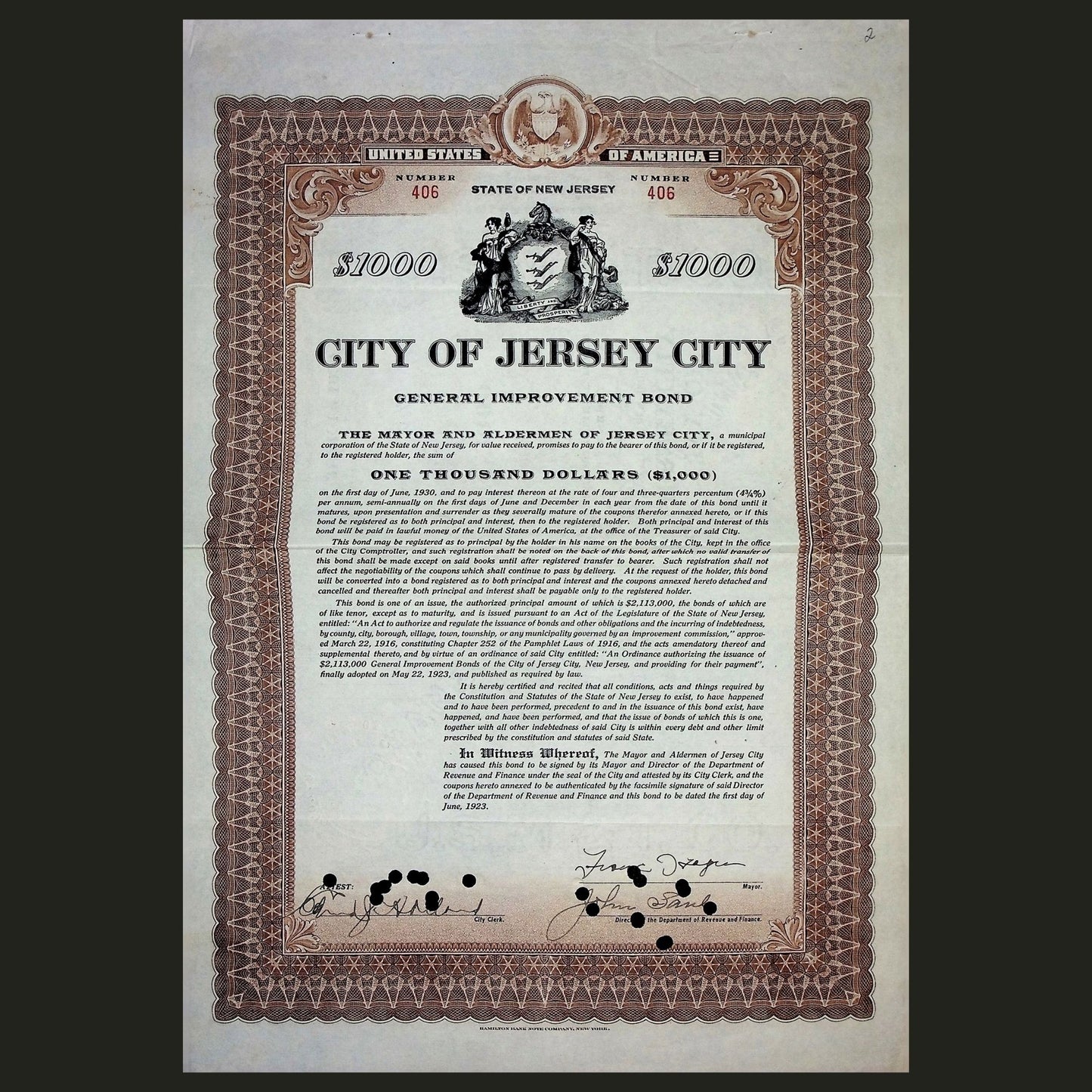 City of Jersey City School Bond Certificates from 1910s-1920s