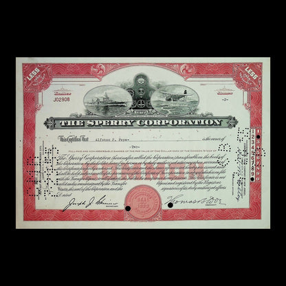 Sperry Corporation Stock Certificate from 1940s (Red)