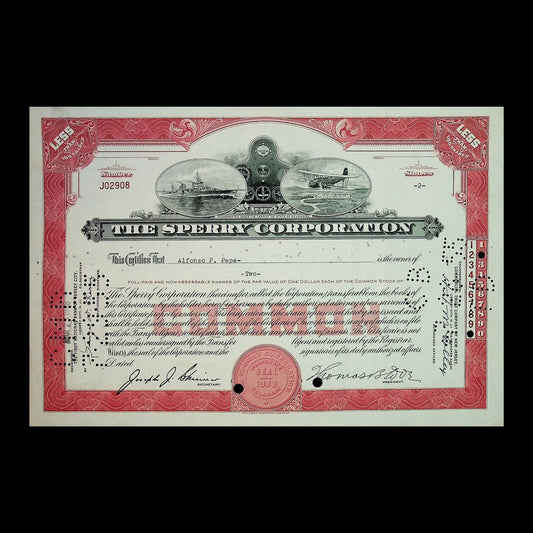 Sperry Corporation Stock Certificate from 1940s (Red)