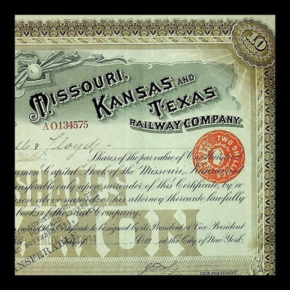 Missouri, Kansas and Texas Railway Company Stock Certificate early 1900s