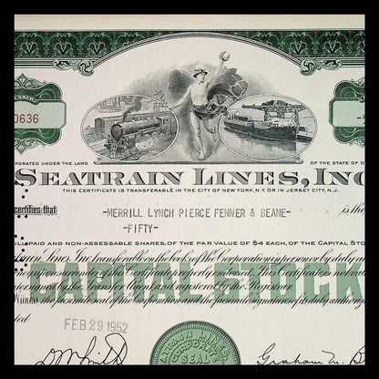 Seatrain Lines Inc Stock Certificate from 1950 - 1960 with Train and Ship