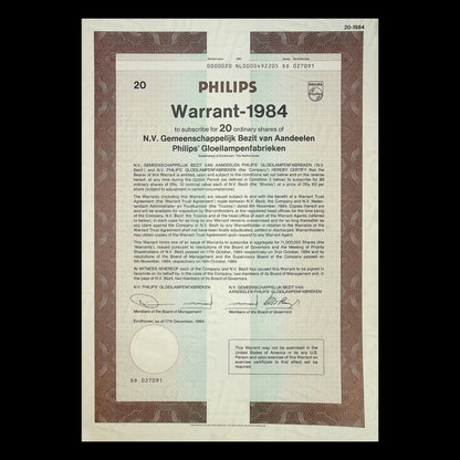 Philips (Healthcare) Warrant Certificate in German from 1984