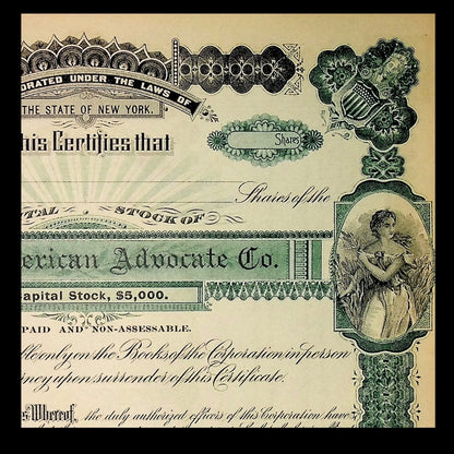 Irish American Advocate Company Unissued Stock Certificate from 1910s