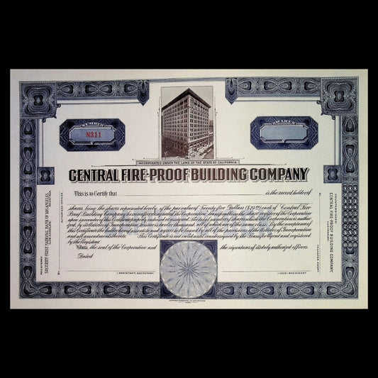 Central Fireproof Building Company California Unissued Stock Certificate from 1915