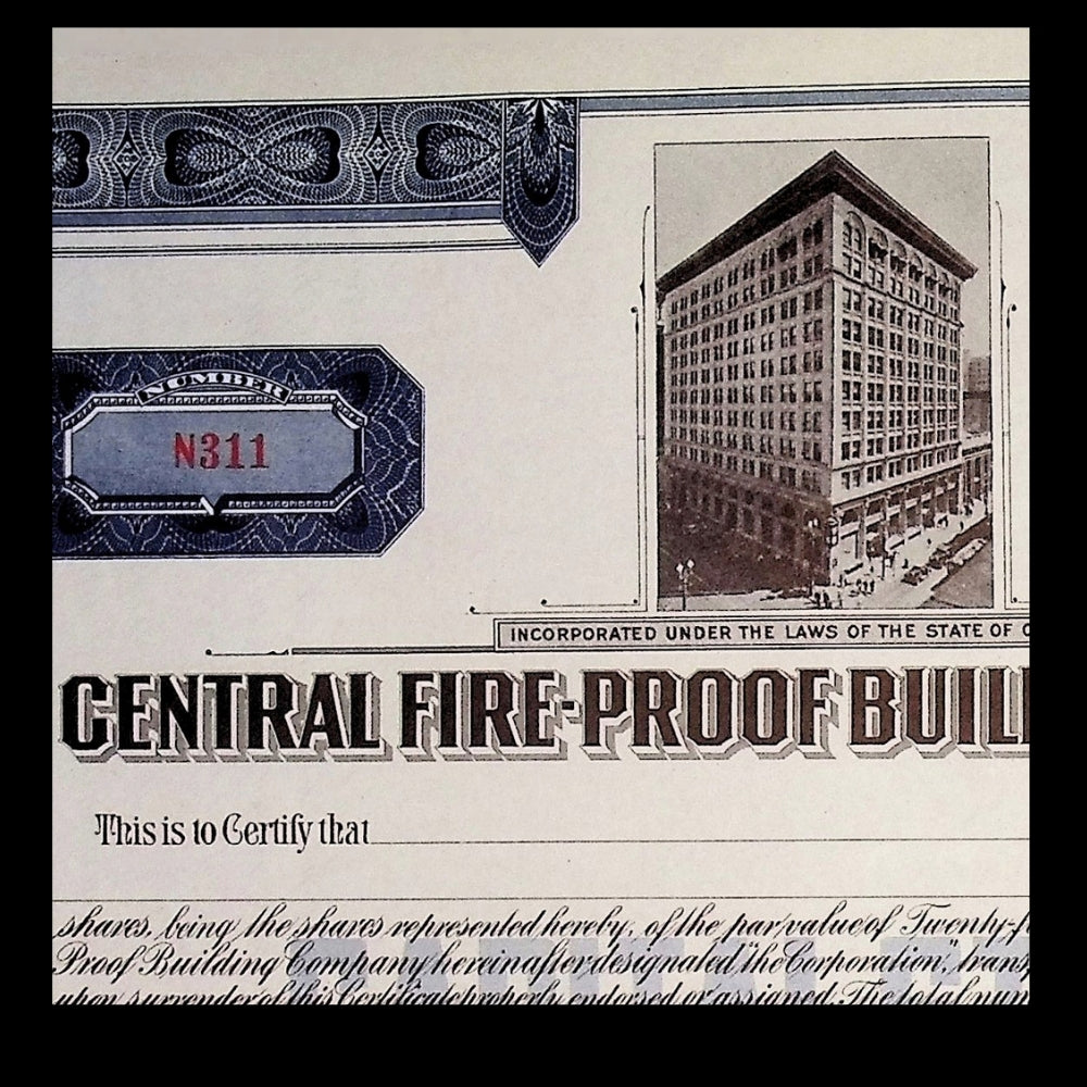 Central Fireproof Building Company California Unissued Stock Certificate from 1915