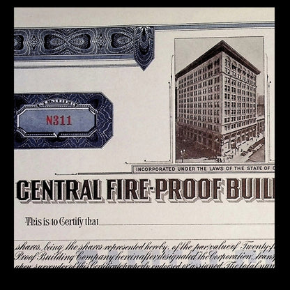 Central Fireproof Building Company California Unissued Stock Certificate from 1915