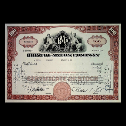 Bristol-Myers Company Stock Certificate from 1960s (Brown)