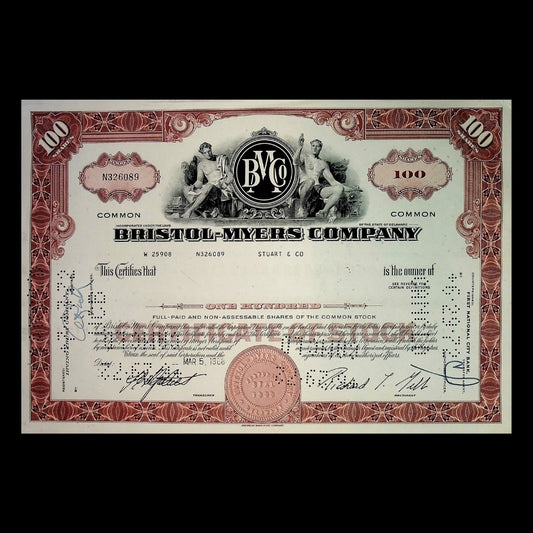 Bristol-Myers Company Stock Certificate from 1960s (Brown)