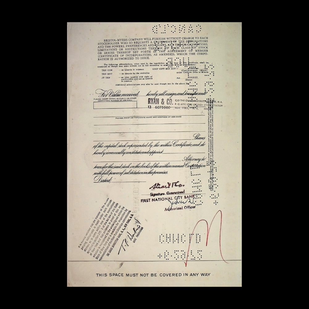 Bristol-Myers Company Stock Certificate from 1960s (Brown)