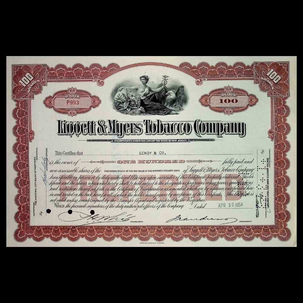 Liggett & Myers Tobacco Company Stock Certificate from 1950s (Brown)