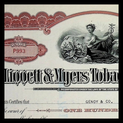 Liggett & Myers Tobacco Company Stock Certificate from 1950s (Brown)