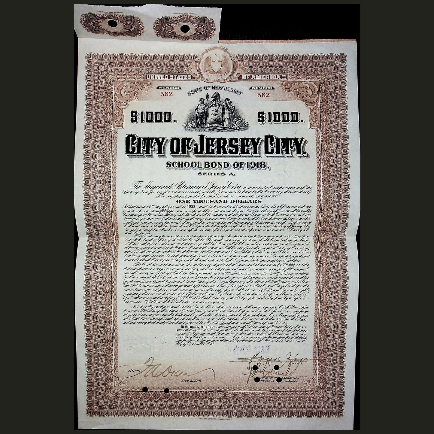 City of Jersey City School Bond Certificates from 1910s-1920s