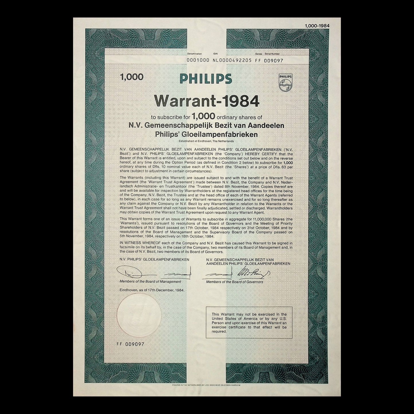 Philips (Healthcare) Warrant Certificate in German from 1984