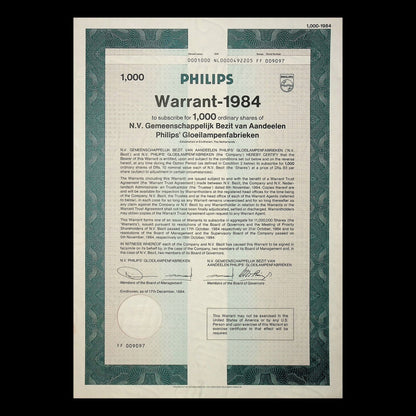 Philips (Healthcare) Warrant Certificate in German from 1984