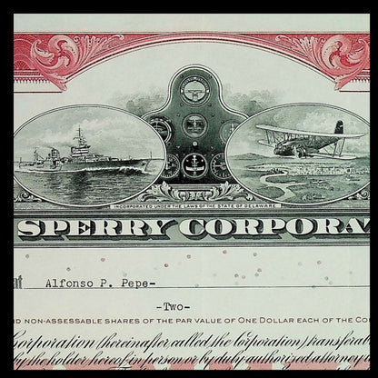 Sperry Corporation Stock Certificate from 1940s (Red)