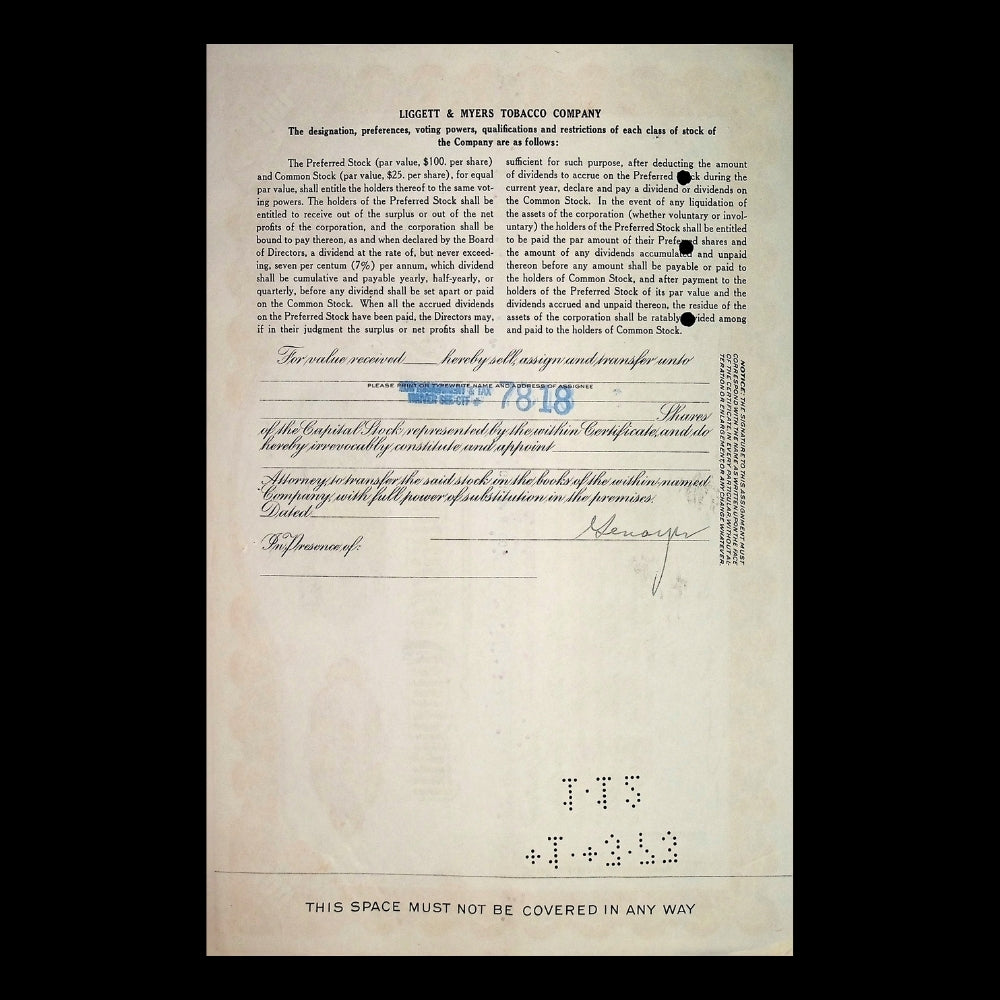 Liggett & Myers Tobacco Company Stock Certificate from 1950s (Brown)