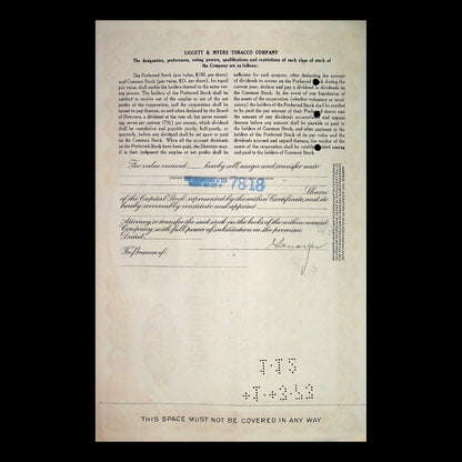 Liggett & Myers Tobacco Company Stock Certificate from 1950s (Brown)