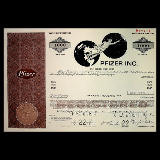 Pfizer Incorporated Bond Certificate from 1980s (Brown)