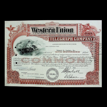 The Western Union Telegraph Company Stock Certificate from 1963