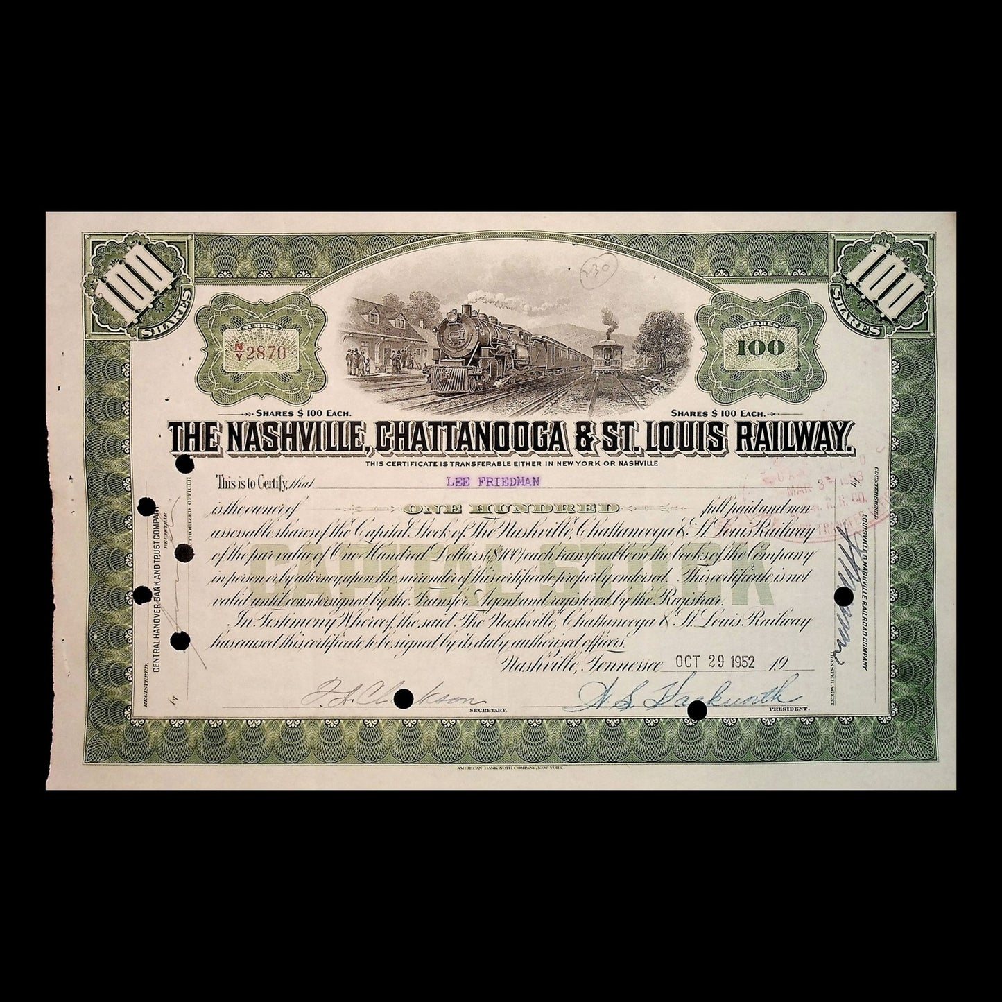 The Nashville, Chattanooga & St Louis Railway (now CSX) Stock Certificate from 1950s