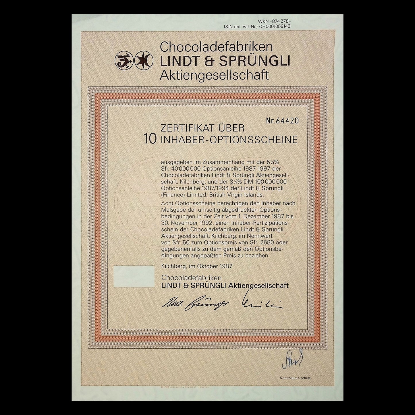 Lindt & Sprüngli Chocolate (Chocoladefabriken Aktiengesellschaft) Warrant Certificate in German from 1987