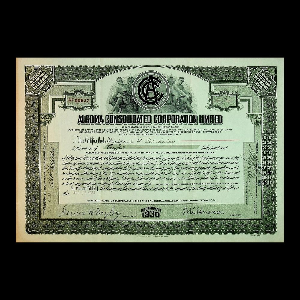 Algoma Consolidated Corp (Ontario Canada) Stock Certificate from 1930s