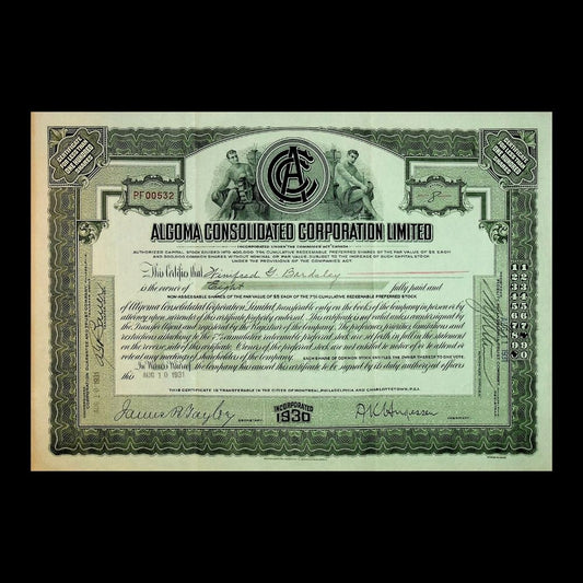 Algoma Consolidated Corp (Ontario Canada) Stock Certificate from 1930s