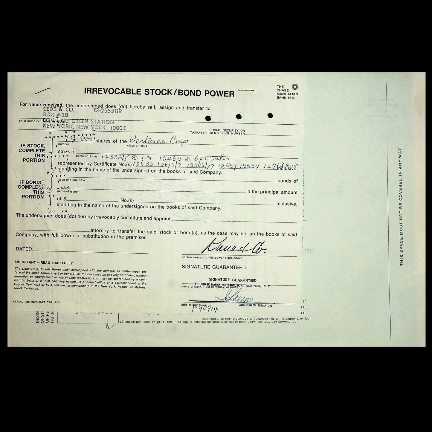 Westvaco 公司 1972 年股票证书