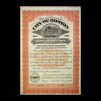 City of Boston Rapid Transit Specimen Bond Certificate 1920s
