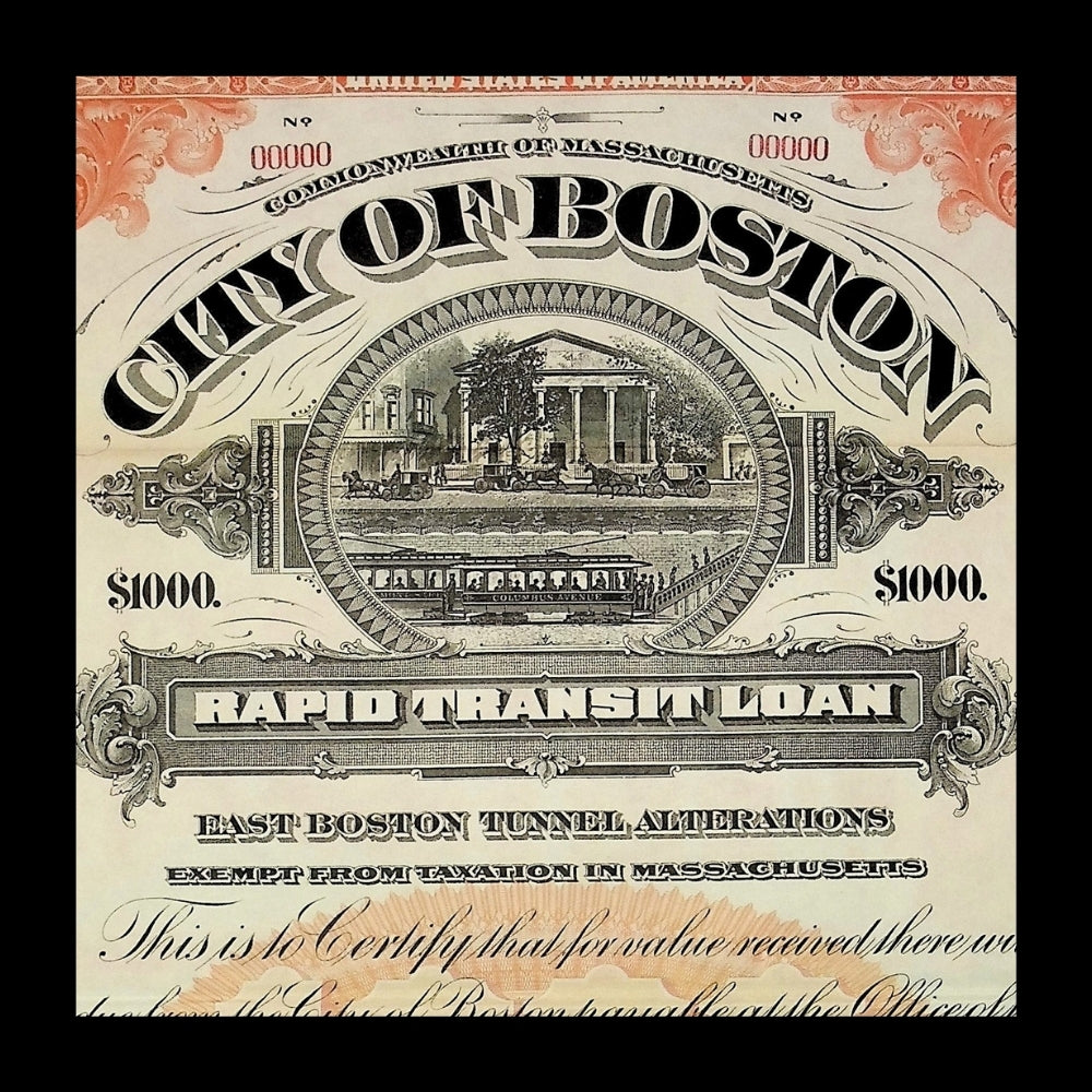 City of Boston Rapid Transit Specimen Bond Certificate 1920s