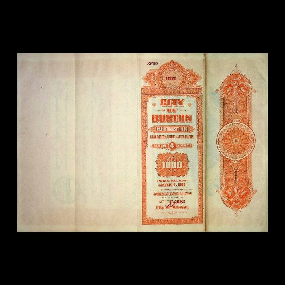 City of Boston Rapid Transit Specimen Bond Certificate 1920s