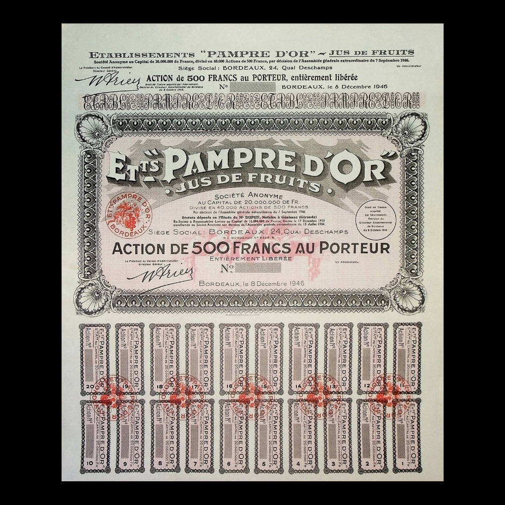 Pampre d’Or Jus de Fruits (Bordeaux Grape Farm) Stock Certificate from 1946 - Unissued
