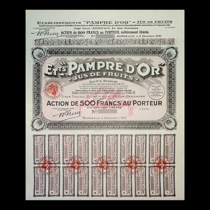 Pampre d’Or Jus de Fruits (Bordeaux Grape Farm) Stock Certificate from 1946 - Unissued