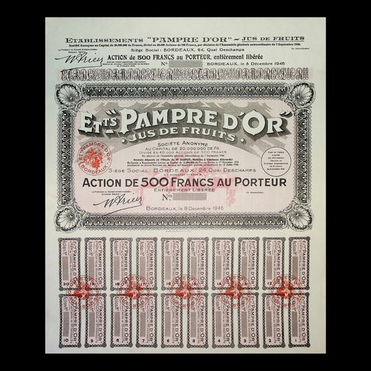 Pampre d’Or Jus de Fruits (Bordeaux Grape Farm) Stock Certificate from 1946 - Unissued