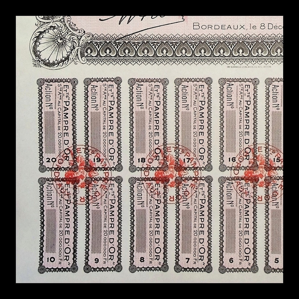 Pampre d’Or Jus de Fruits (Bordeaux Grape Farm) Stock Certificate from 1946 - Unissued