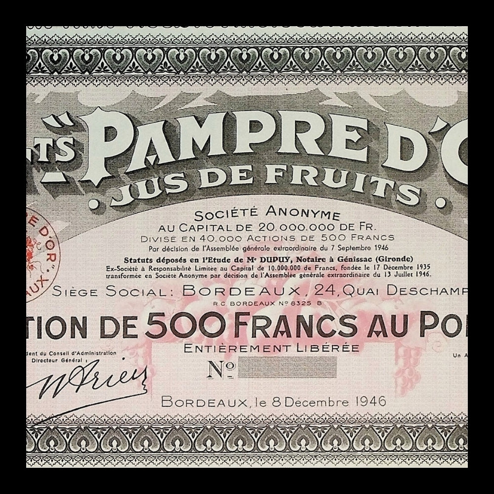 Pampre d’Or Jus de Fruits (Bordeaux Grape Farm) Stock Certificate from 1946 - Unissued
