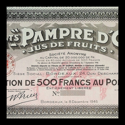 Pampre d’Or Jus de Fruits (Bordeaux Grape Farm) Stock Certificate from 1946 - Unissued