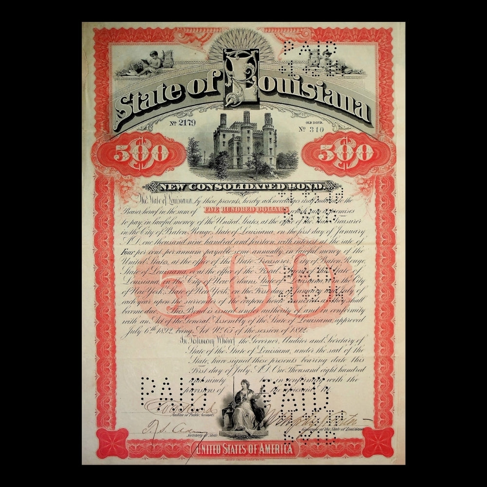  State of Louisiana bond with red and black design elements.